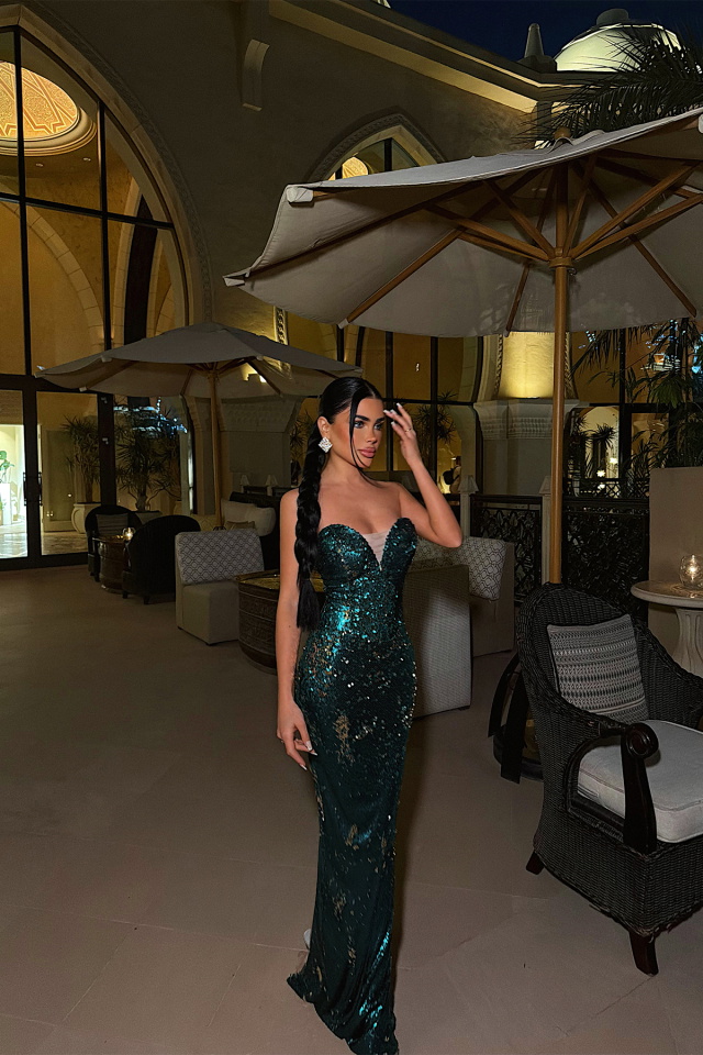 Yeşil Rococo Uzun Payetli Elbise ATE-4651 - 5