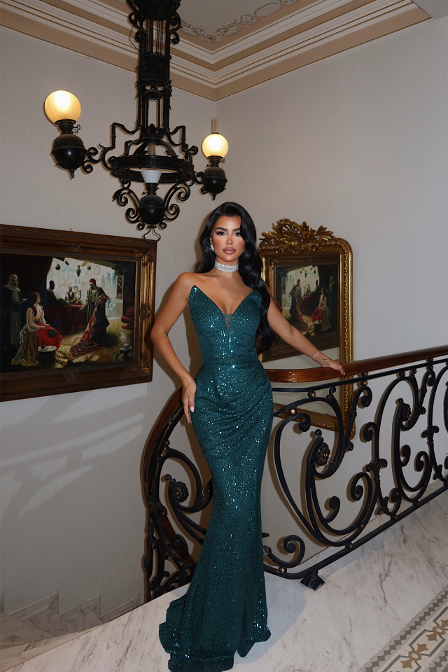 Yeşil Priscilla Yırtmaç Detaylı Abiye ATE-3396 - 2