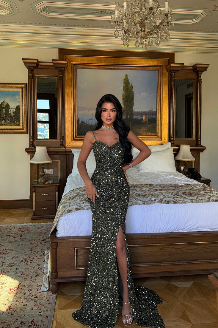 Yeşil Manish Parıltılı Elbise ATE-3030 - EYYO