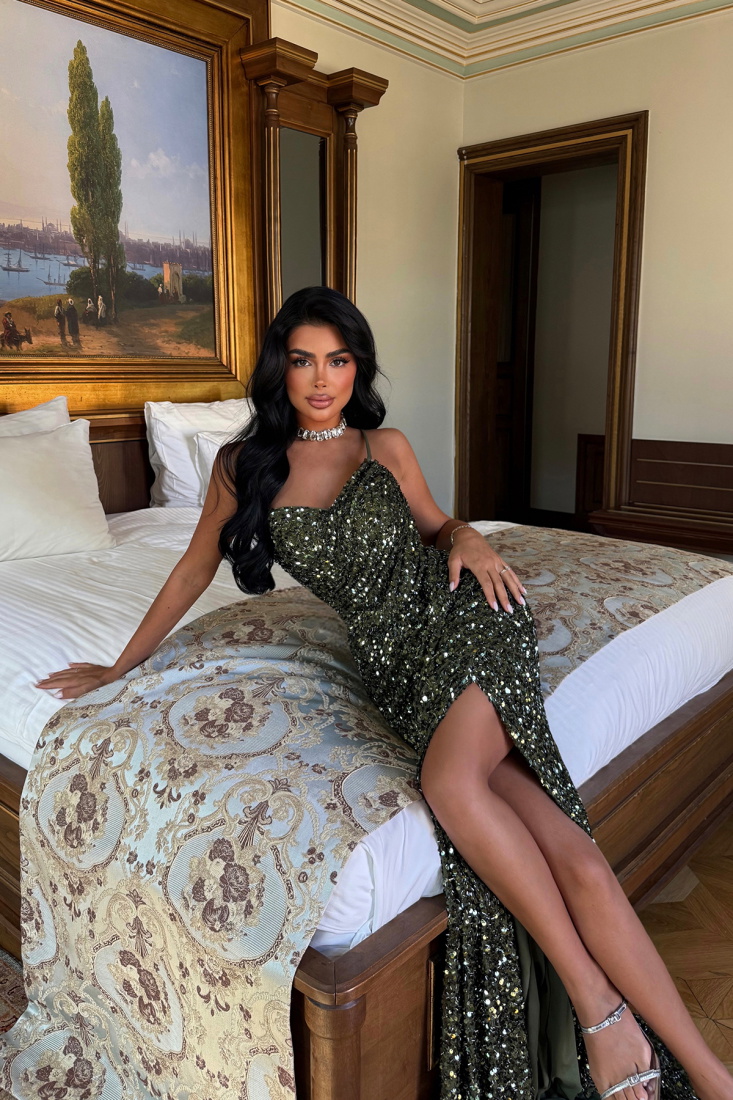 Yeşil Manish Parıltılı Elbise ATE-3030 - EYYO