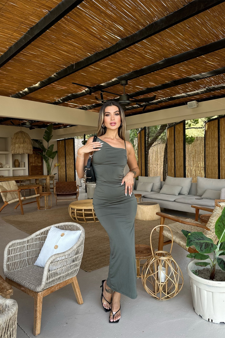 Yeşil Askılı Yırtmaç Detay Elbise ATE7483 - EYYO