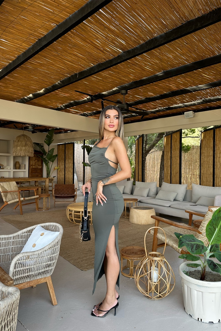 Yeşil Askılı Yırtmaç Detay Elbise ATE7483 - EYYO