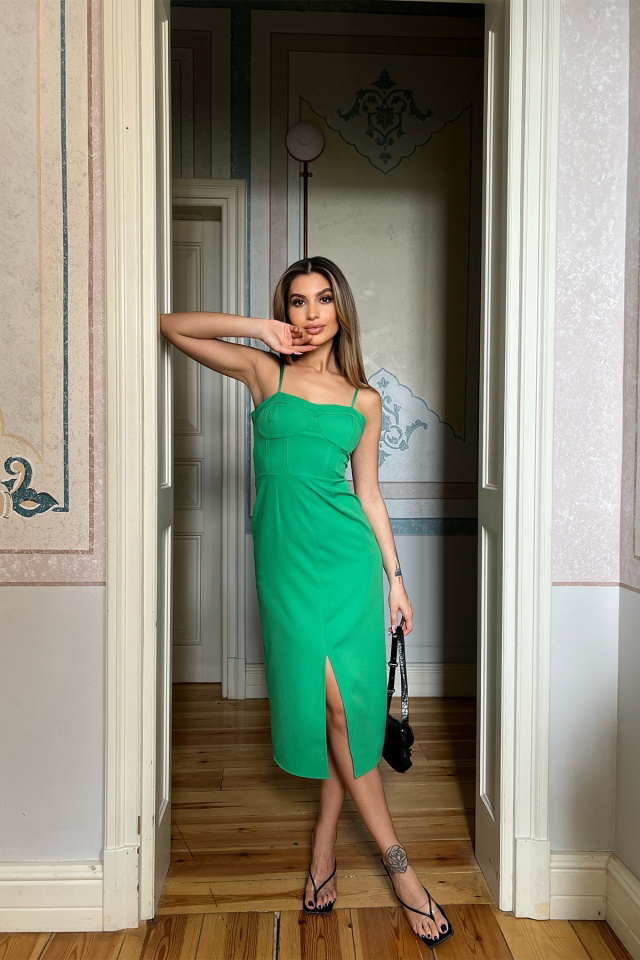 Yeşil Askılı Yırtmaç Detay Mini Elbise ATE4056 - 1