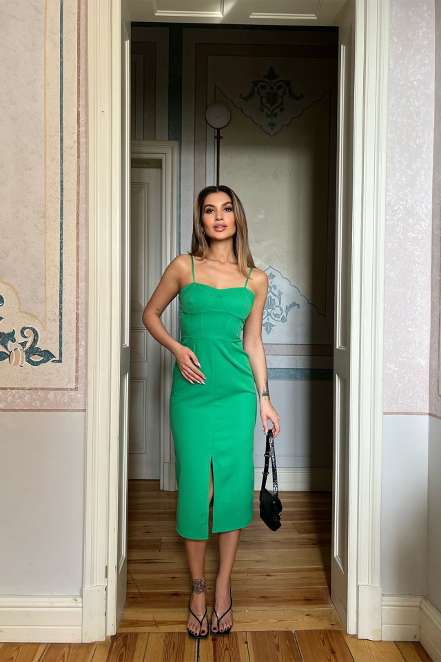 Yeşil Askılı Yırtmaç Detay Mini Elbise ATE4056 - 3
