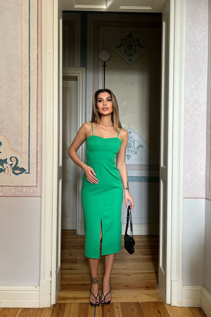 Yeşil Askılı Yırtmaç Detay Mini Elbise ATE4056 - EYYO