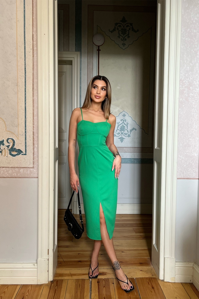 Yeşil Askılı Yırtmaç Detay Mini Elbise ATE4056 - 4