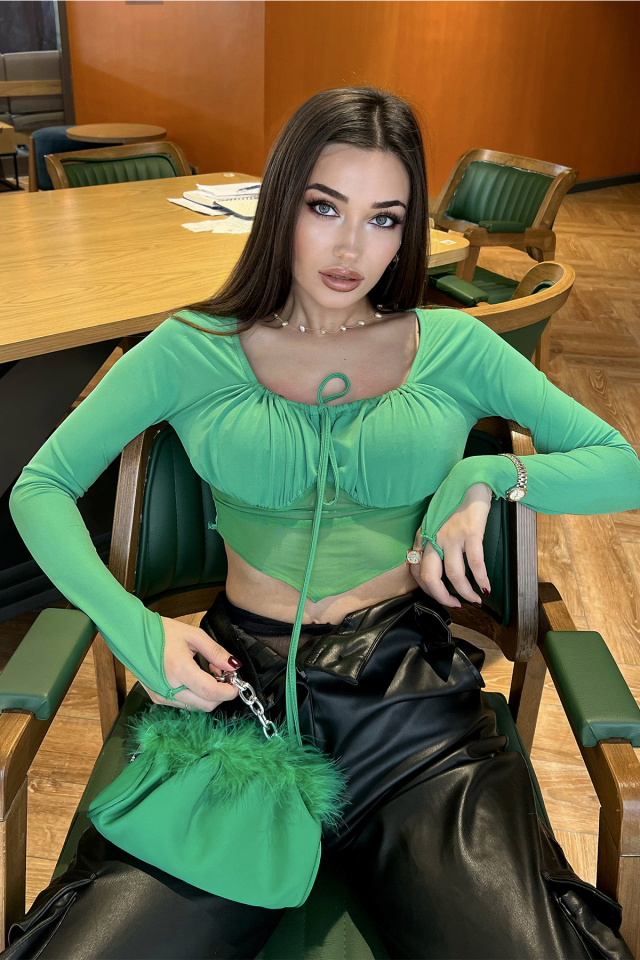Yeşil Bağlamalı Crop Top ATE2904 