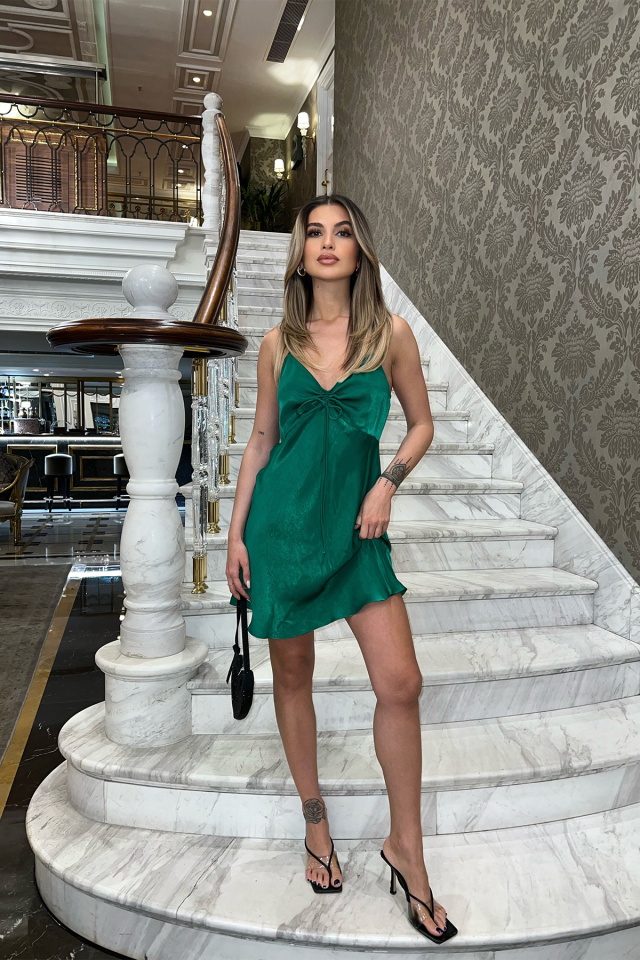 Yeşil Bağlamalı Mini Elbise ATE5311 - 4