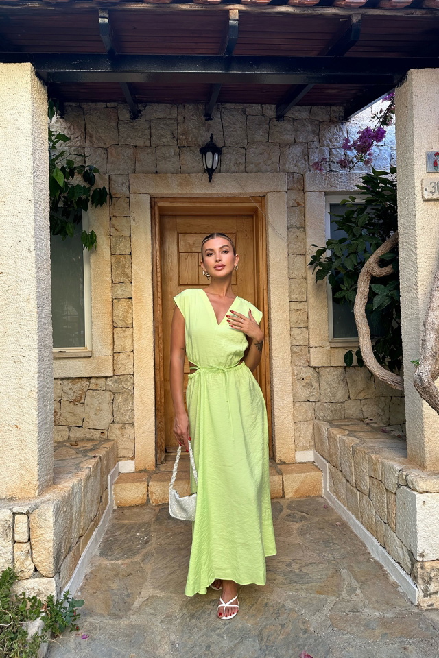 Yeşil Bağlamalı Uzun Elbise ATE7807 - 1