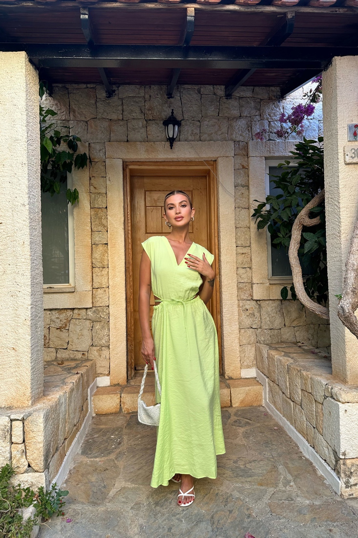 Yeşil Bağlamalı Uzun Elbise ATE7807 - EYYO