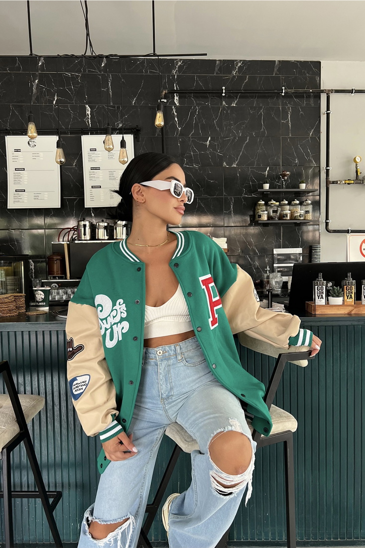 Yeşil Kolları Deri Kolej Ceket ATE1964 - NOON