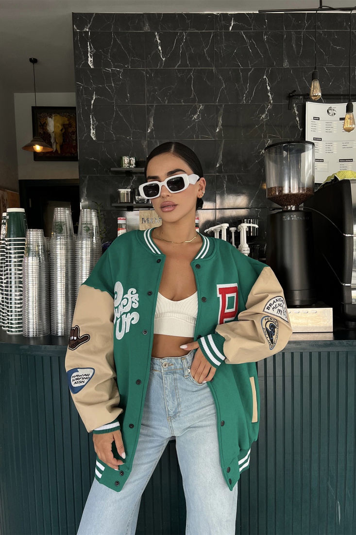 Yeşil Kolları Deri Kolej Ceket ATE1964 - NOON