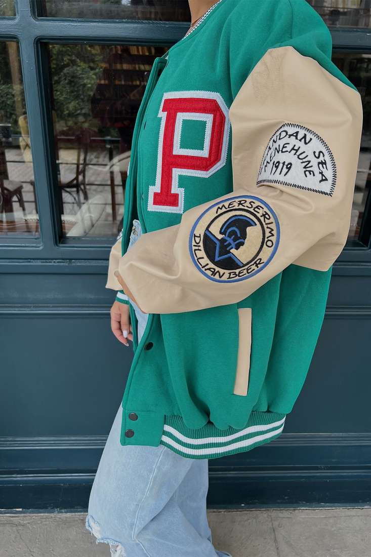 Yeşil Kolları Deri Kolej Ceket ATE1964 - NOON