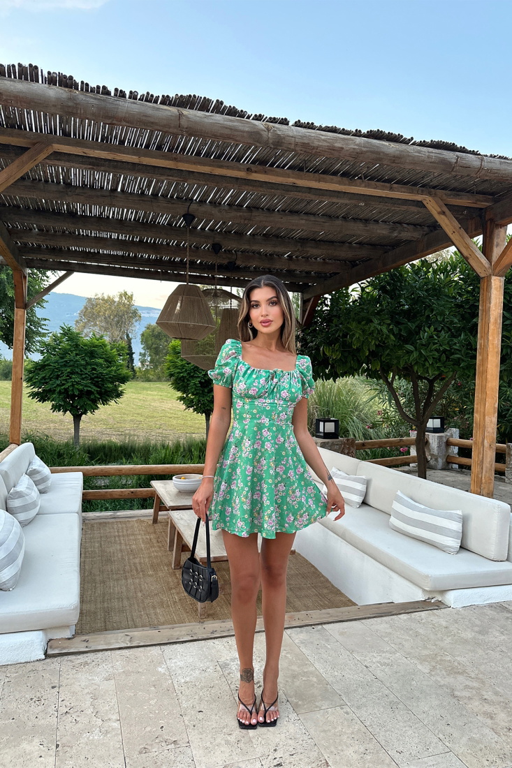 Yeşil Çiçek Desen Bağlamalı Elbise ATE7261 - EYYO