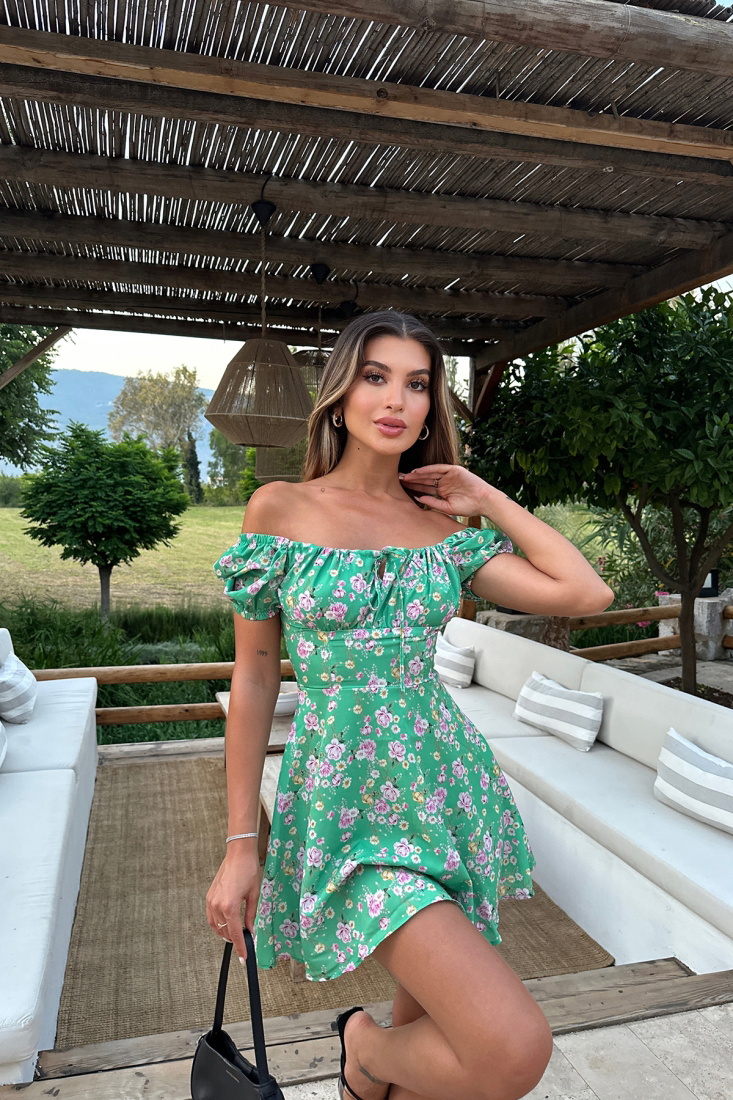 Yeşil Çiçek Desen Bağlamalı Elbise ATE7261 - EYYO
