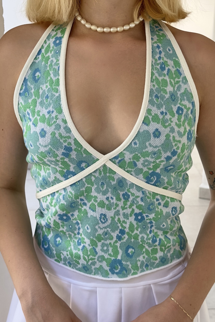 Yeşil Çiçek Desen Crop Top ATE7868 - EYYO