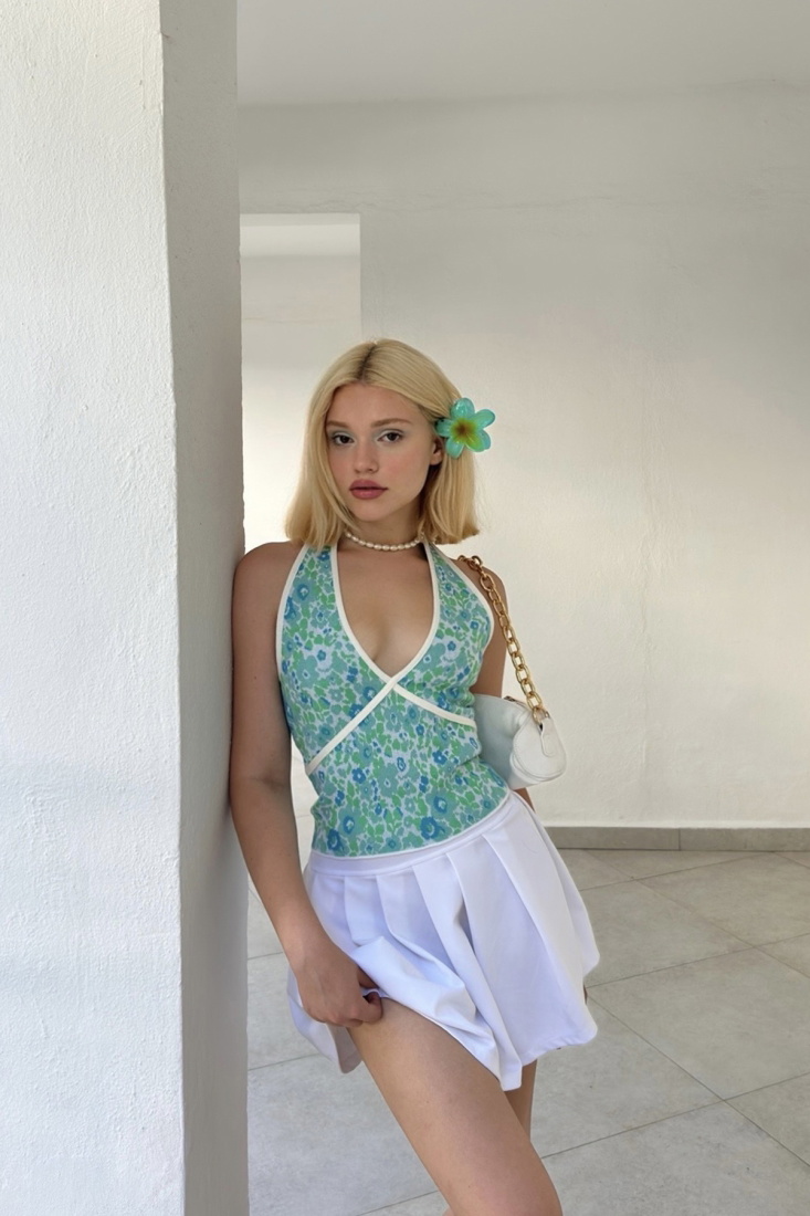 Yeşil Çiçek Desen Crop Top ATE7868 - EYYO