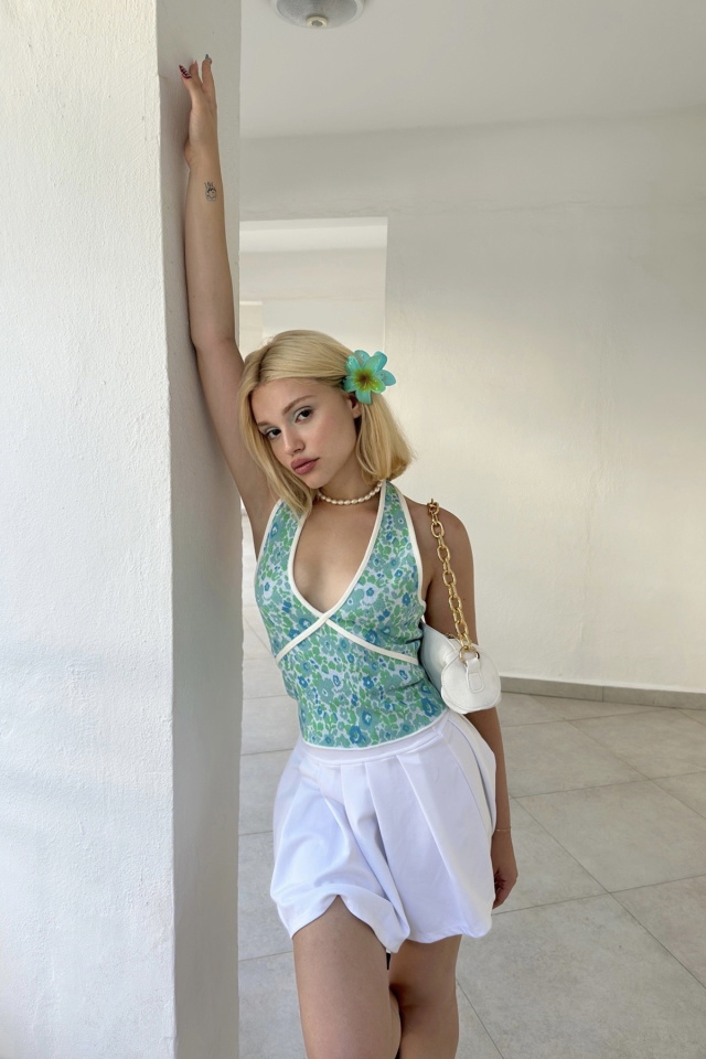 Yeşil Çiçek Desen Crop Top ATE7868 - 4