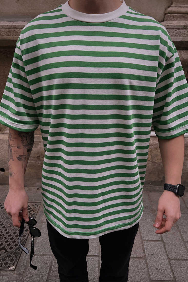 Yeşil Çizgili Oversize Tişört ATE5263 - EYYO