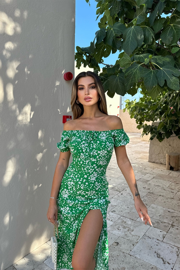 Yeşil Derin Yırtmaçlı Uzun Elbise ATE7465 - EYYO