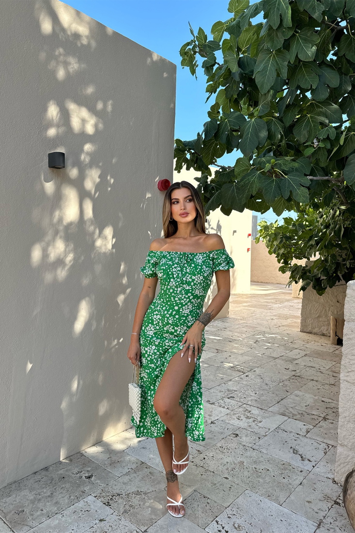 Yeşil Derin Yırtmaçlı Uzun Elbise ATE7465 - EYYO