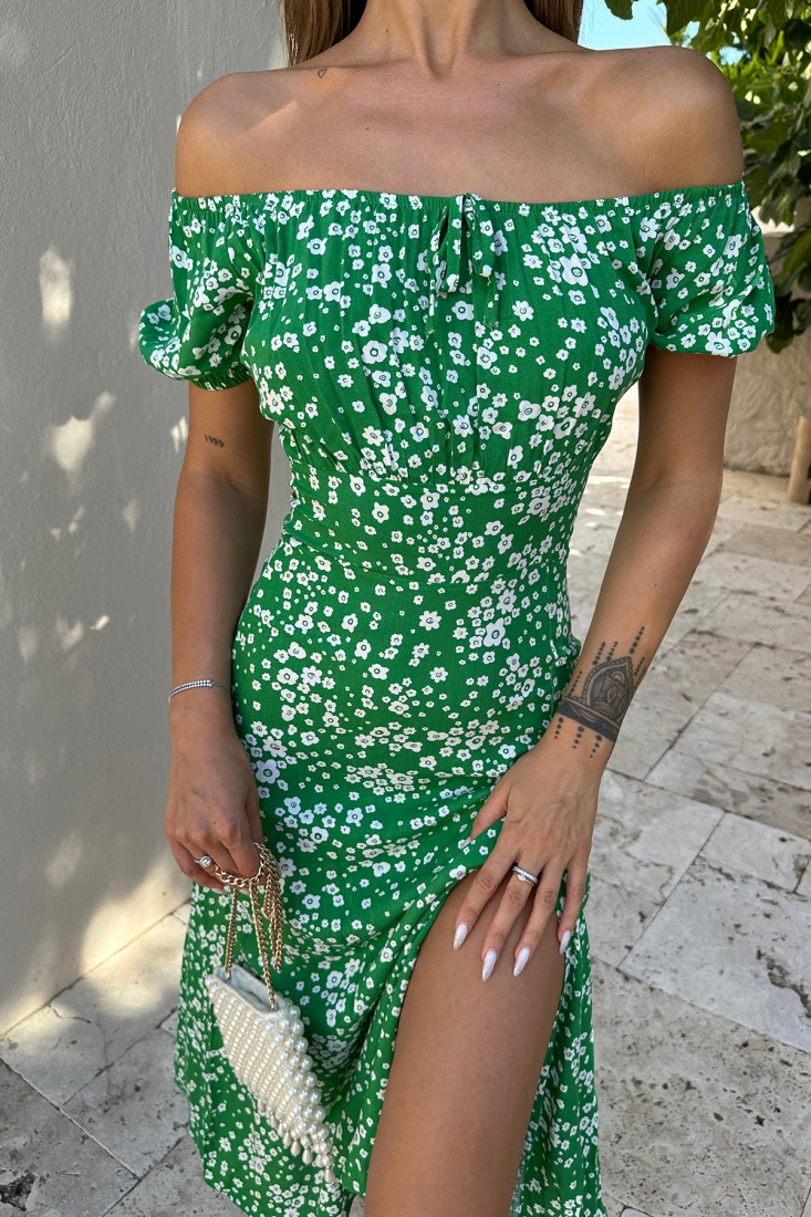 Yeşil Derin Yırtmaçlı Uzun Elbise ATE7465 - EYYO