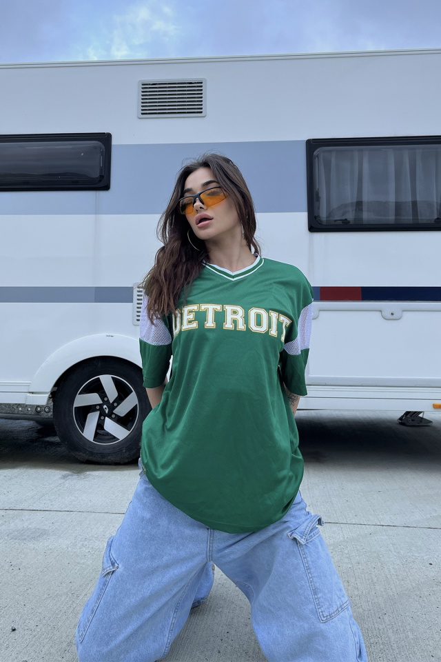 Yeşil Detroıt Yazılı Oversize Tişört ATE6680 - 1