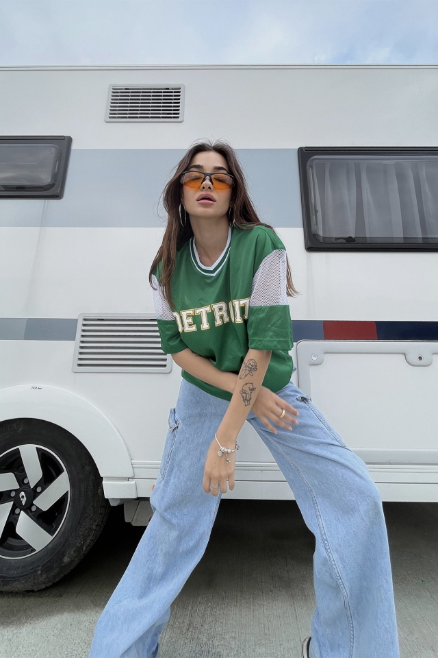 Yeşil Detroıt Yazılı Oversize Tişört ATE6680 - 3
