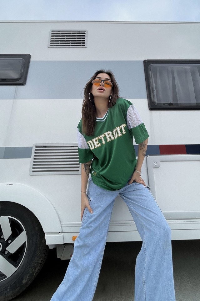 Yeşil Detroıt Yazılı Oversize Tişört ATE6680 - 4