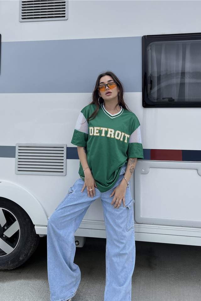 Yeşil Detroıt Yazılı Oversize Tişört ATE6680 - 5