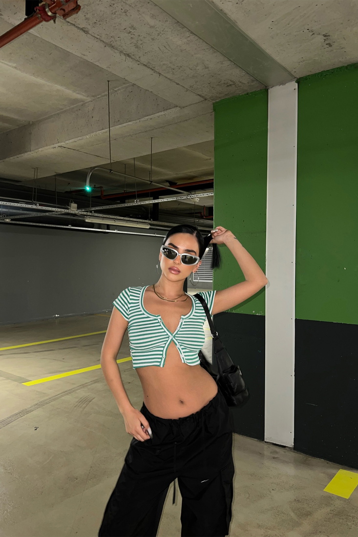 Yeşil Düğme Detay Crop Top ATE6976 - EYYO