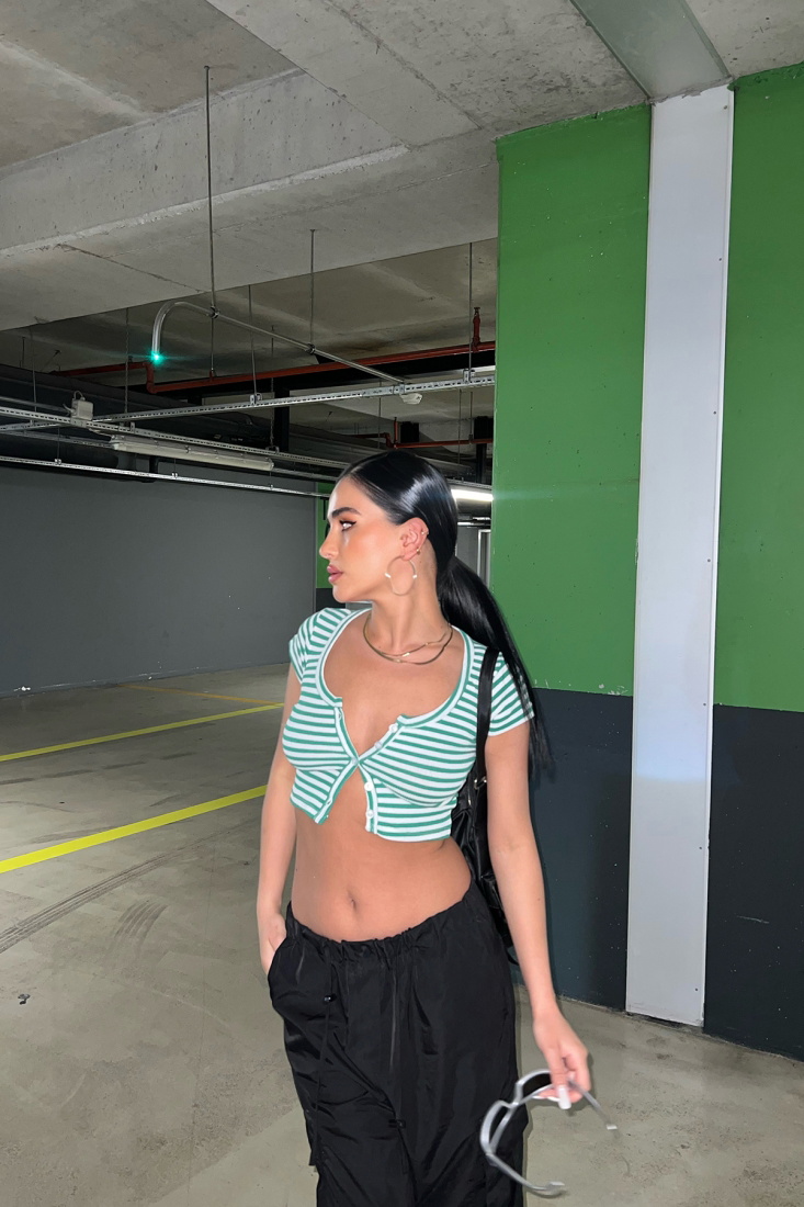 Yeşil Düğme Detay Crop Top ATE6976 - EYYO