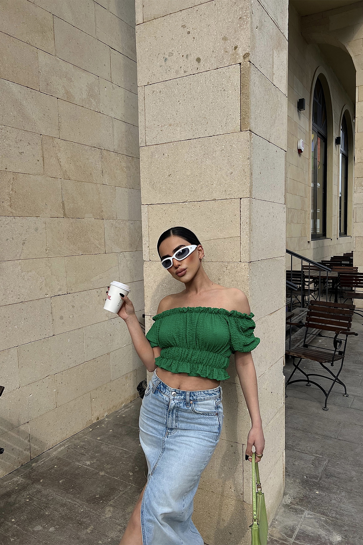 Yeşil Düşük Kol Crop Top ATE4486 - 1