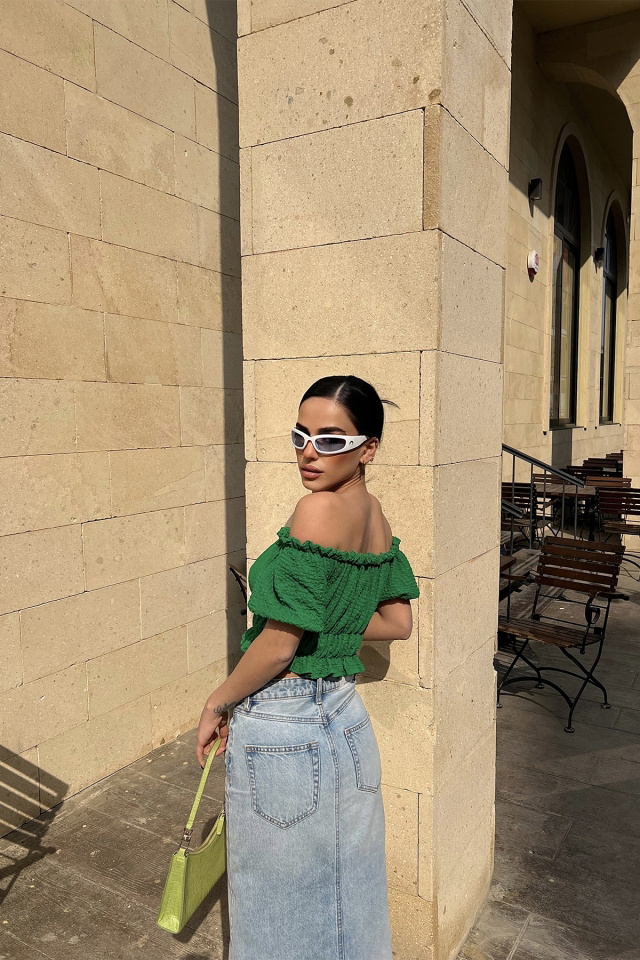 Yeşil Düşük Kol Crop Top ATE4486