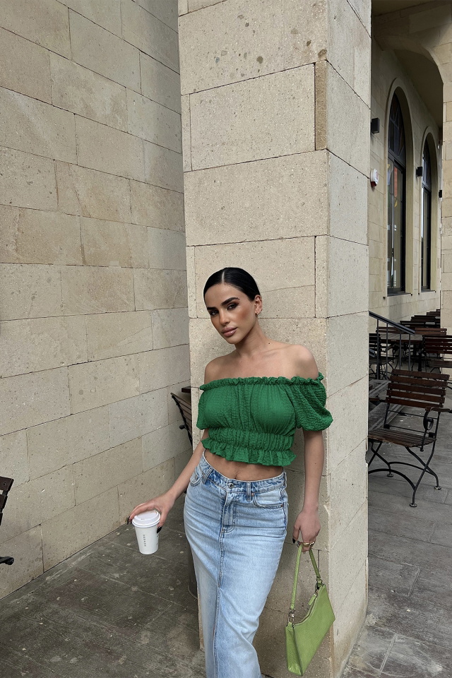 Yeşil Düşük Kol Crop Top ATE4486