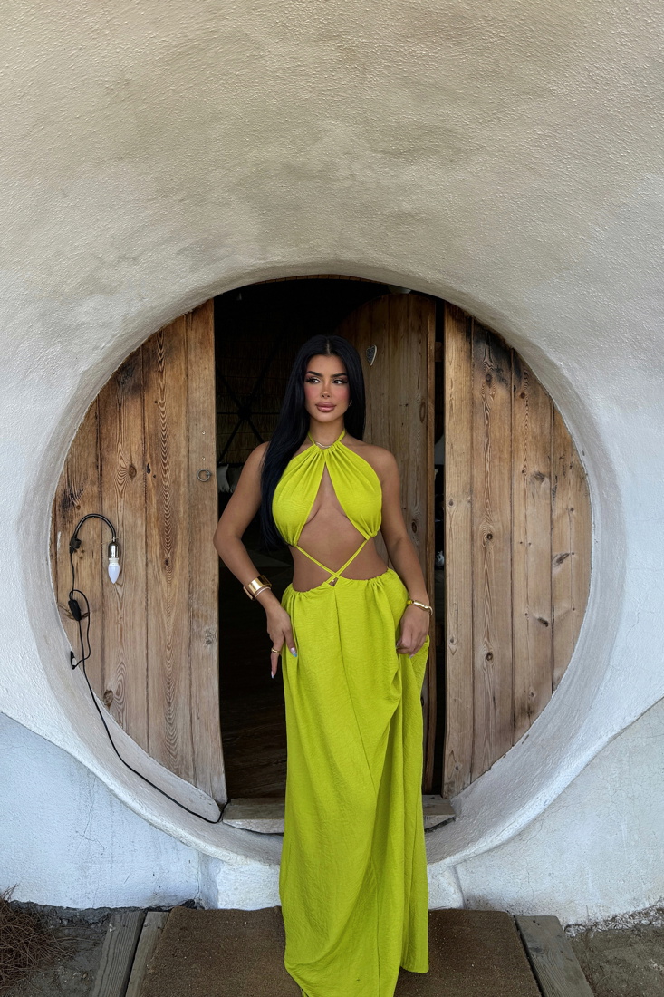 Yeşil Anda Dekolteli Uzun Elbise ATE-1360 - EYYO