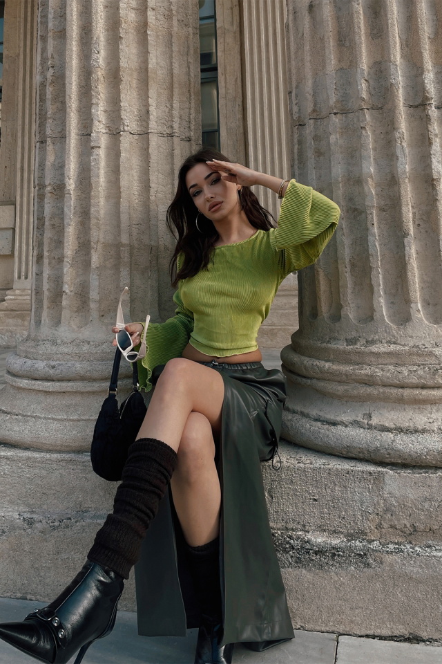 Yeşil Fitilli Crop Top ATE3552 - 1