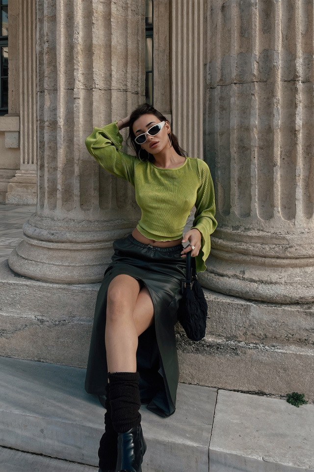 Yeşil Fitilli Crop Top ATE3552 - 5