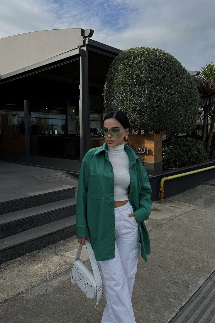 Yeşil Gömlek Yaka Deri Mont ATE2670 - EYYO