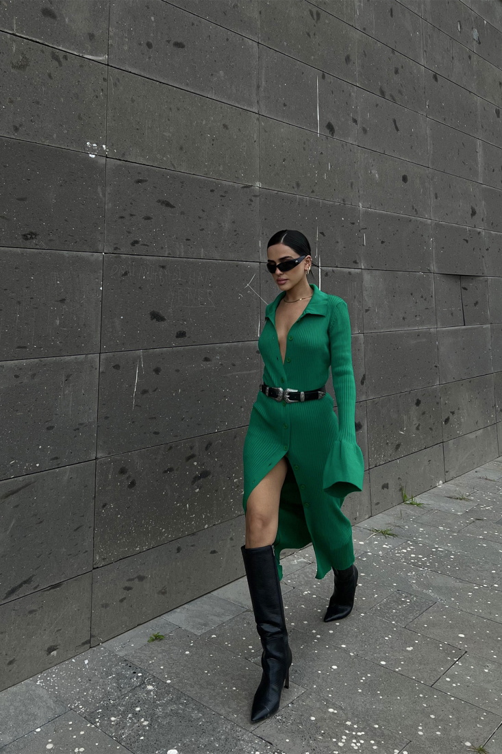 Yeşil Gömlek Yaka Triko Elbise ATE2468 - EYYO