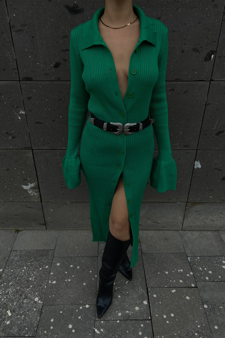 Yeşil Gömlek Yaka Triko Elbise ATE2468 - EYYO