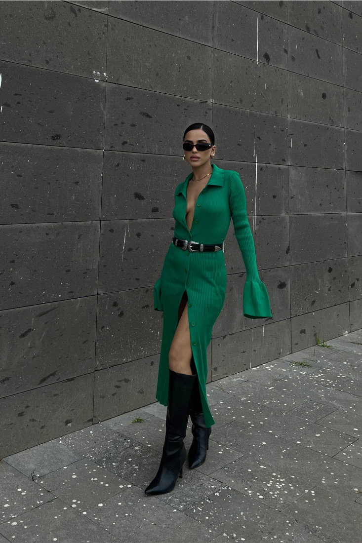 Yeşil Gömlek Yaka Triko Elbise ATE2468 - EYYO