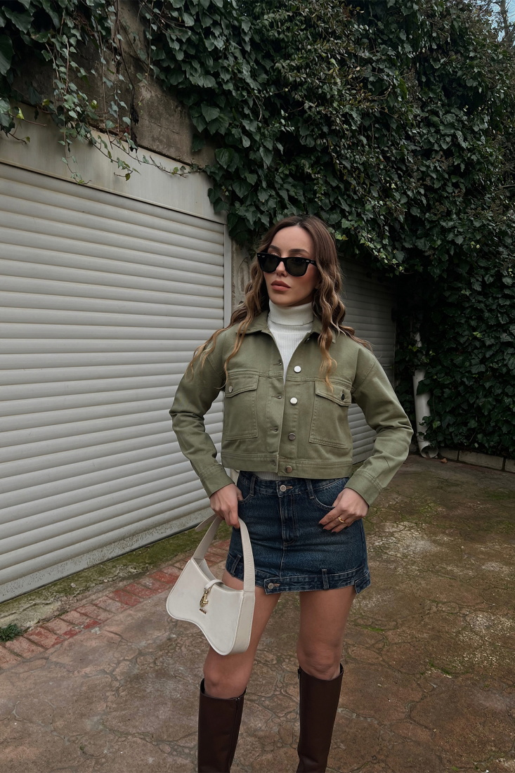 Yeşil Gömlek Yaka Kot Ceket ATE3421 - EYYO