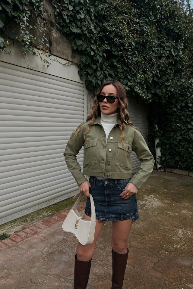 Yeşil Gömlek Yaka Kot Ceket ATE3421 - 3