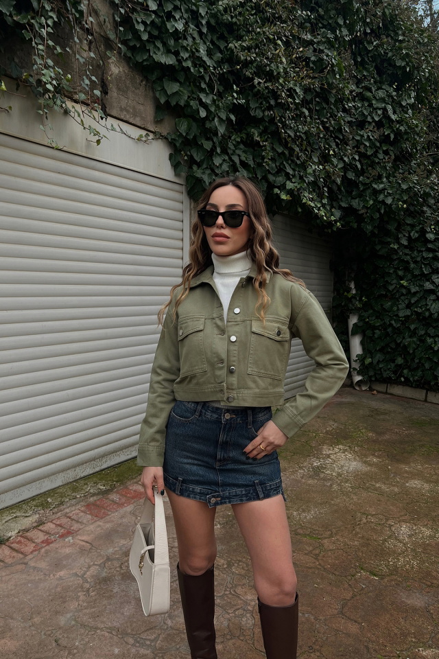 Yeşil Gömlek Yaka Kot Ceket ATE3421 - 1