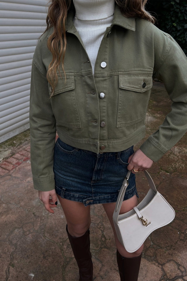 Yeşil Gömlek Yaka Kot Ceket ATE3421 - 2