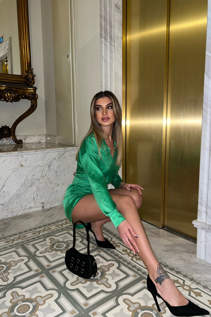 Yeşil Gömlek Yaka Mini Elbise ATE3774 - EYYO