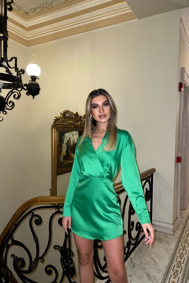 Yeşil Gömlek Yaka Mini Elbise ATE3774 - 2