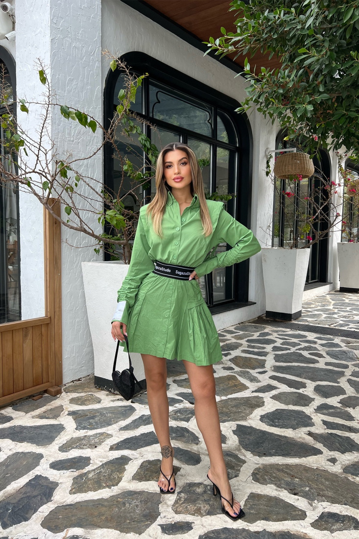 Yeşil Gömlek Yaka Mini Elbise ATE4533 - EYYO