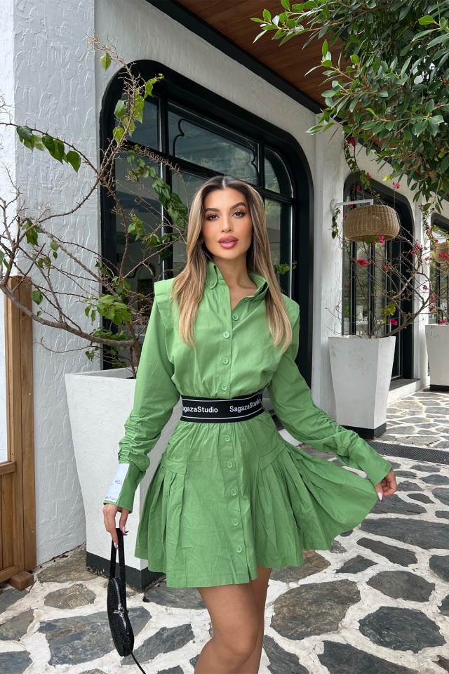 Yeşil Gömlek Yaka Mini Elbise ATE4533 - 1